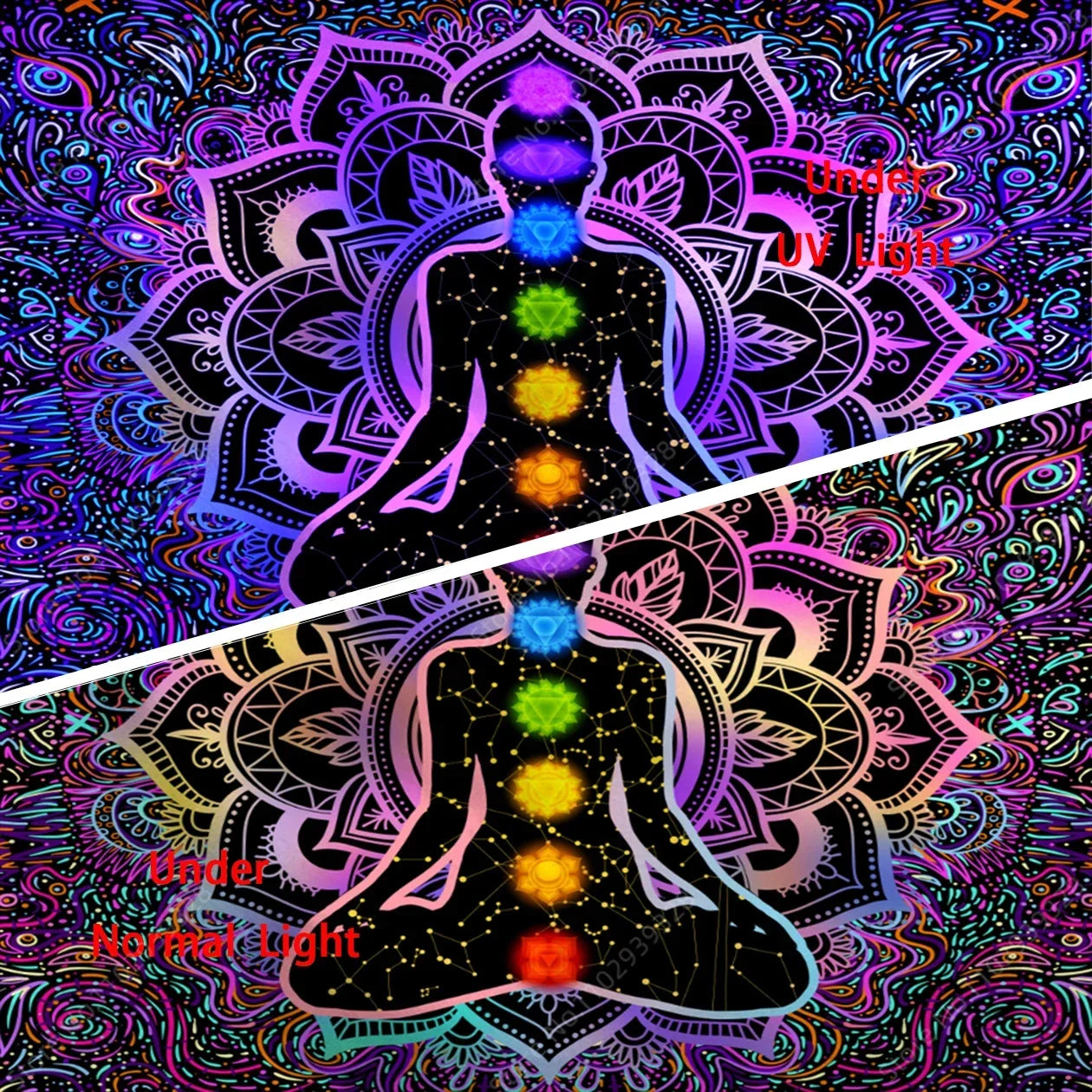 Boho Indian Buddha Statue Meditation Uv Reactive Tapestry Mandala Tapestries Wall Cloth Psychedelic Yoga Chakra Wall Hanging