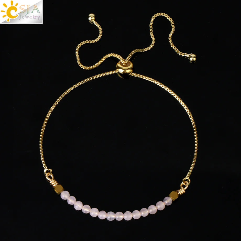 CSJA Healing 7 Chakra Summer Bracelet Natural Stone Pink Crystal Gold Color Stainless Steel Bracelets for Women Jewelry H011