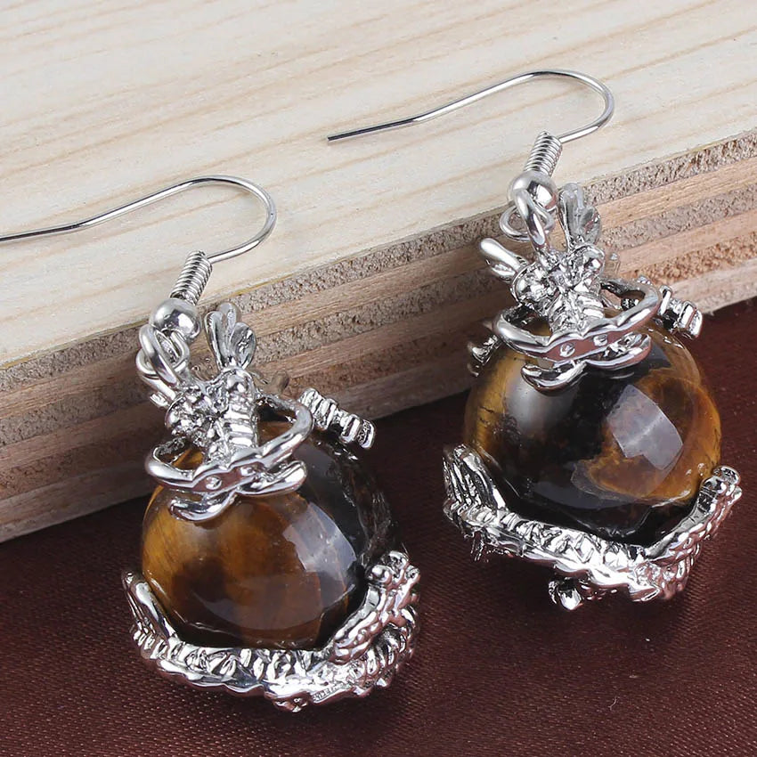 Dragon Crystal Ball Stone Beads Earrings For Women Girls Natural Amethyst Rose Quartz Agates Dangle Hook Stone Earring Jewelry
