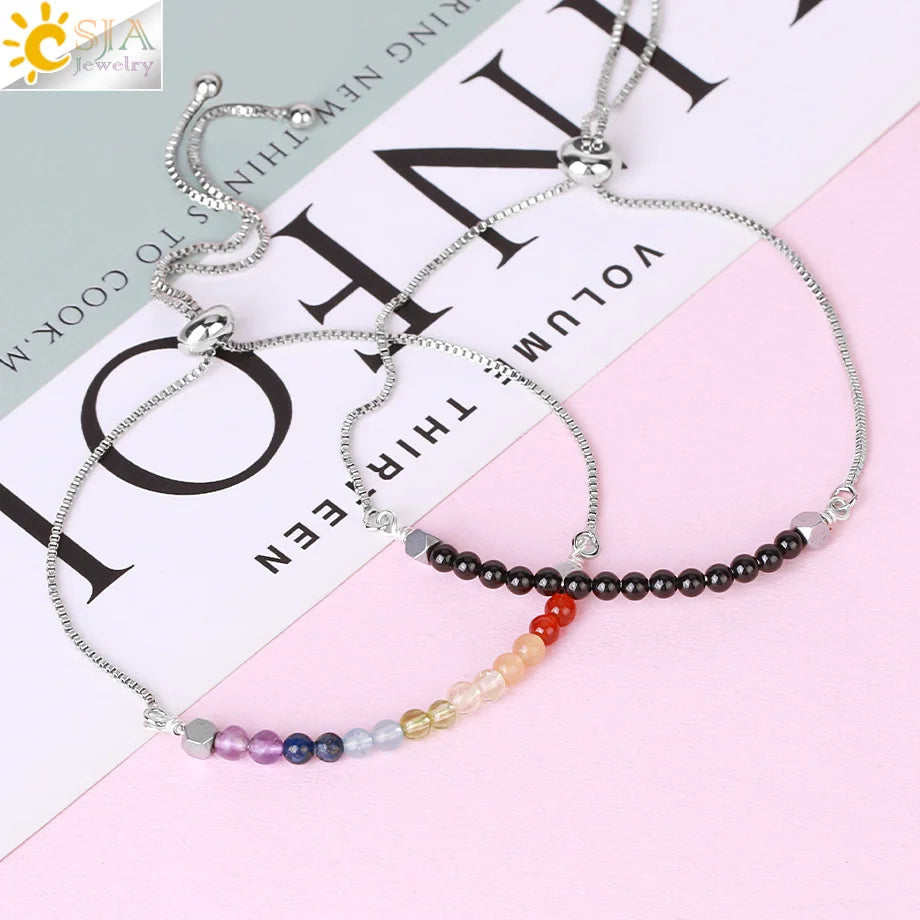 CSJA Healing 7 Chakra Summer Bracelet Natural Stone Pink Crystal Gold Color Stainless Steel Bracelets for Women Jewelry H011