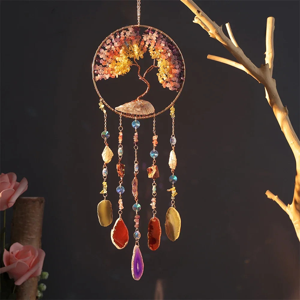 Natural Colorful Agate Tree of Life Dream Catcher Reiki Healing Natural Stone Wall Room Window Garden Wind Chimes Dream Catcher