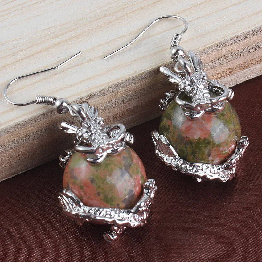 Dragon Crystal Ball Stone Beads Earrings For Women Girls Natural Amethyst Rose Quartz Agates Dangle Hook Stone Earring Jewelry