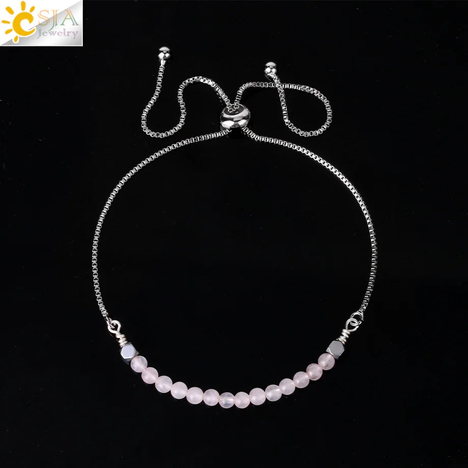 CSJA Healing 7 Chakra Summer Bracelet Natural Stone Pink Crystal Gold Color Stainless Steel Bracelets for Women Jewelry H011