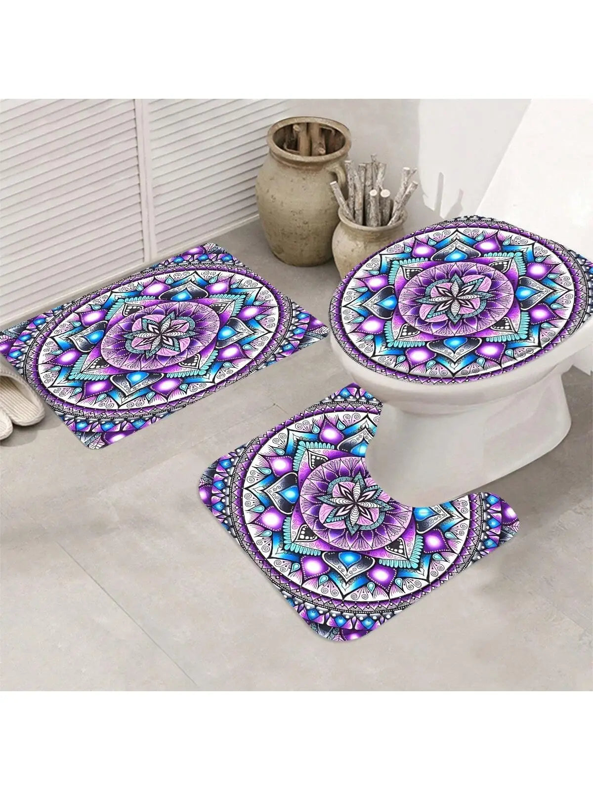 4PCS Bohemian Shower Curtain Sets, Purple Mandala Printed Bathroom Shower Curtains, Bath Mat, Toilet Lid Rug