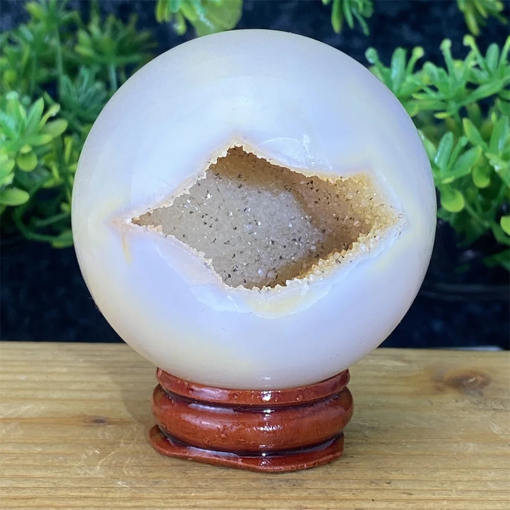 Natural Agate Crystal Ball Quartz Cluster Cave Crystal Ball Home Decoration + Base