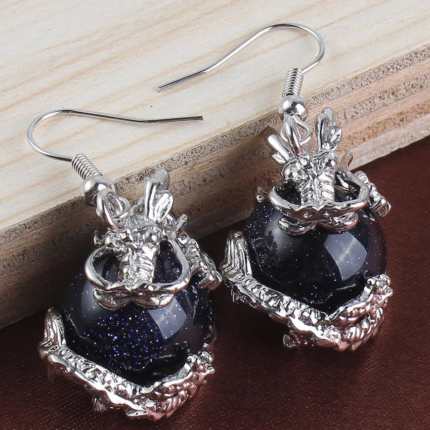 Dragon Crystal Ball Stone Beads Earrings For Women Girls Natural Amethyst Rose Quartz Agates Dangle Hook Stone Earring Jewelry