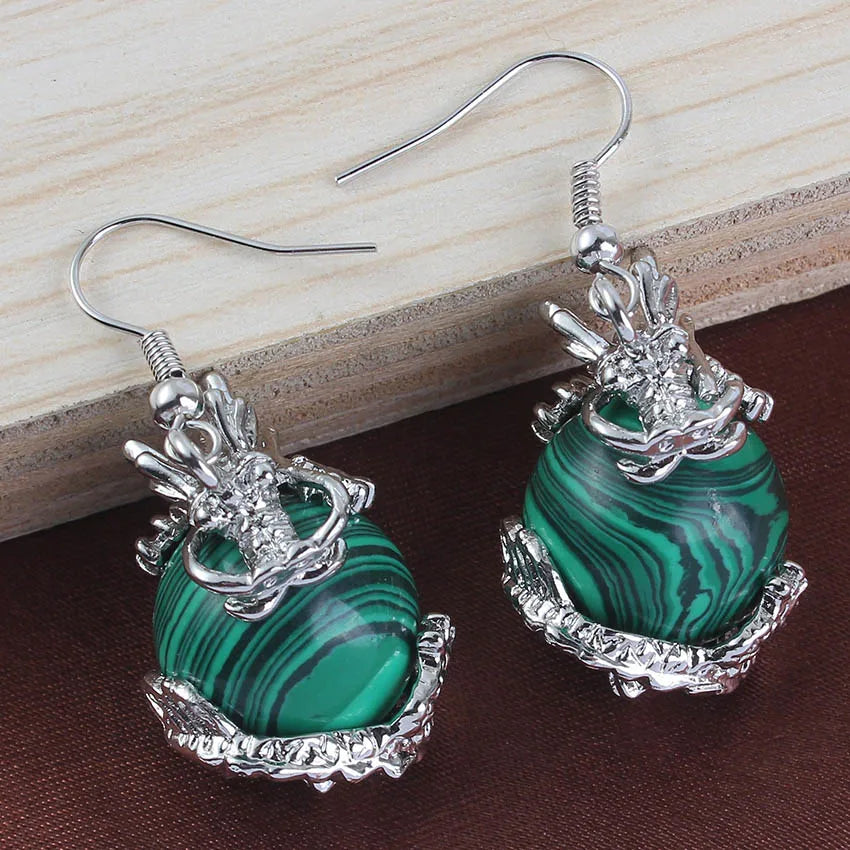 Dragon Crystal Ball Stone Beads Earrings For Women Girls Natural Amethyst Rose Quartz Agates Dangle Hook Stone Earring Jewelry