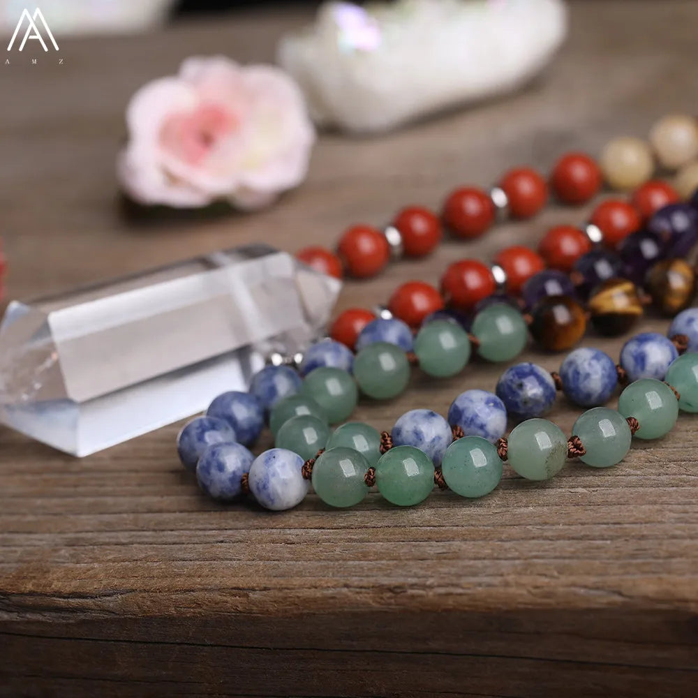 Natural White Quartz Double Stick Point Pendant 8mm Round Multi Stone Chakra Healing Beads Cord Knotted Mala Necklace Jewelry