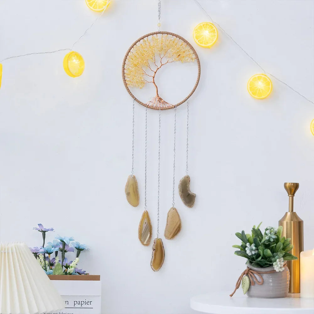 Natural Colorful Agate Tree of Life Dream Catcher Reiki Healing Natural Stone Wall Room Window Garden Wind Chimes Dream Catcher