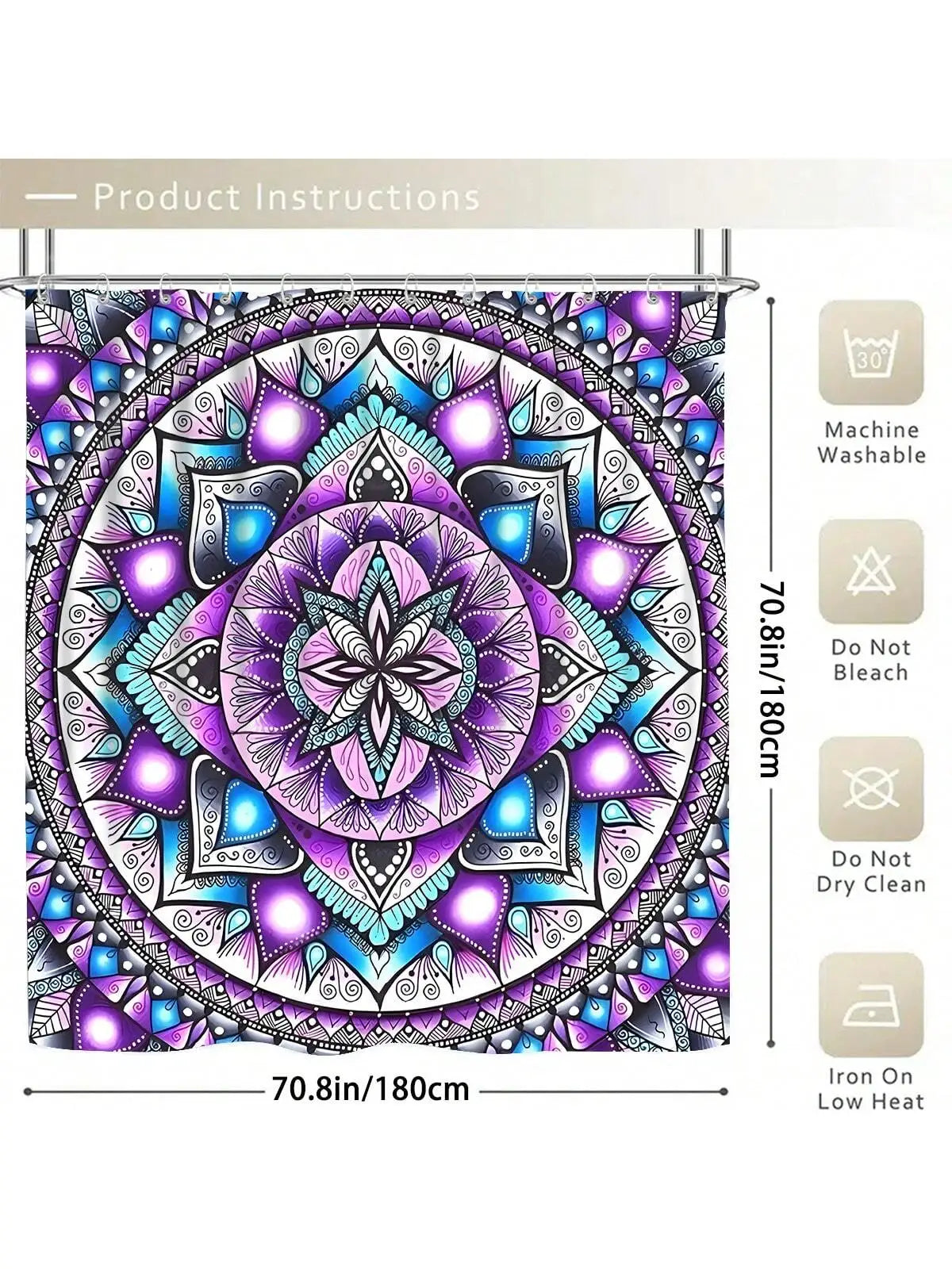 4PCS Bohemian Shower Curtain Sets, Purple Mandala Printed Bathroom Shower Curtains, Bath Mat, Toilet Lid Rug