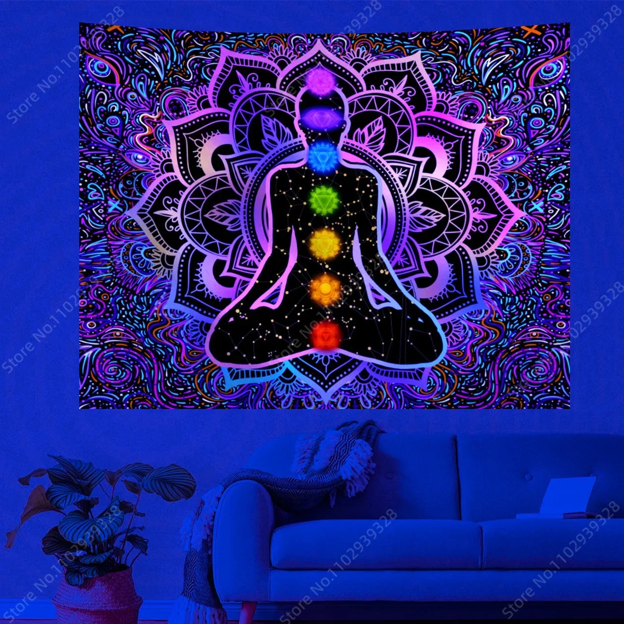 Boho Indian Buddha Statue Meditation Uv Reactive Tapestry Mandala Tapestries Wall Cloth Psychedelic Yoga Chakra Wall Hanging