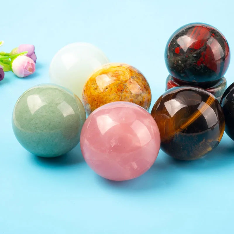 30mm Healing Natural Crystal Ball with Holder Rose Quartz Green Aventurine Decorative Ball Sphere Decor Fengshui Amulet Gifts