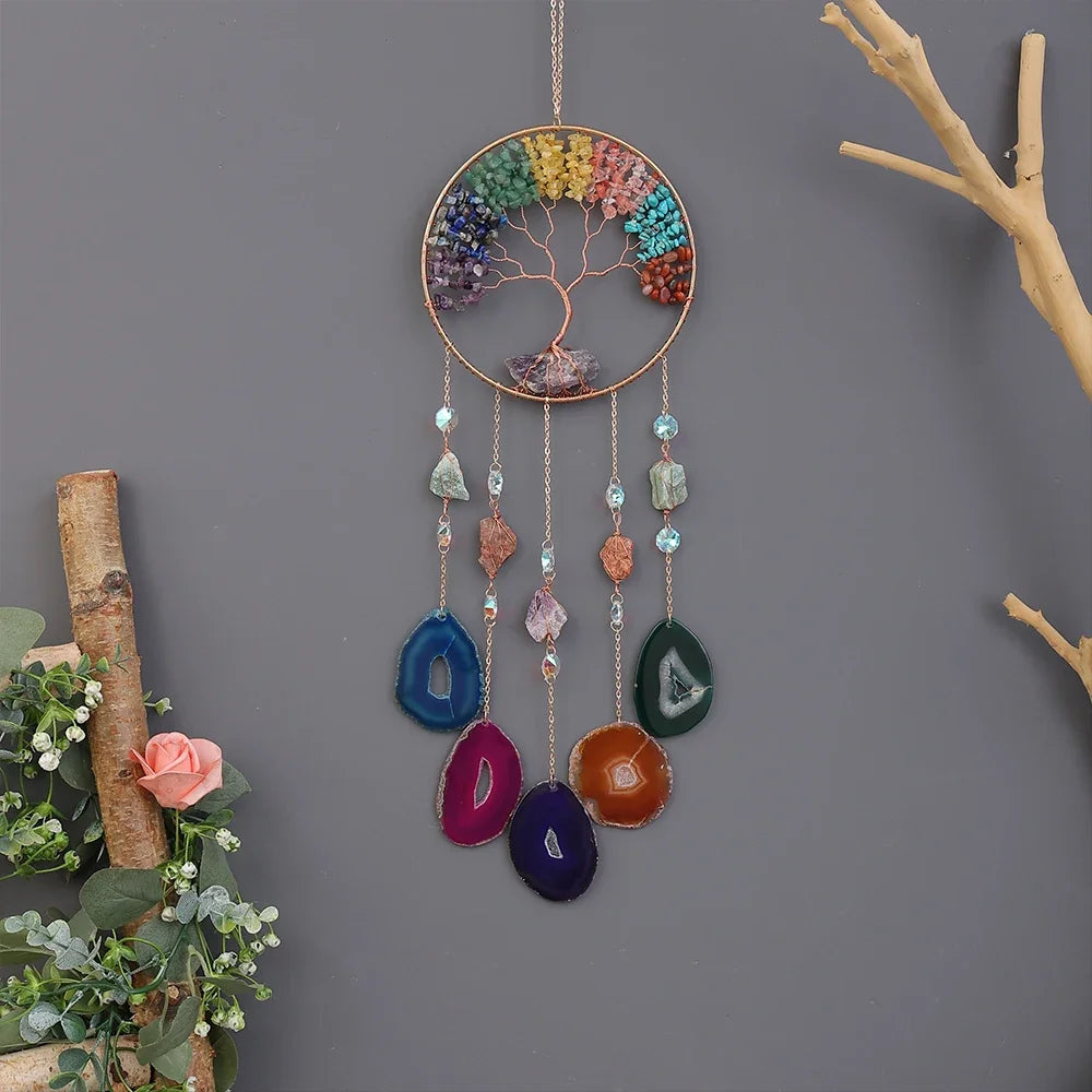 Natural Colorful Agate Tree of Life Dream Catcher Reiki Healing Natural Stone Wall Room Window Garden Wind Chimes Dream Catcher