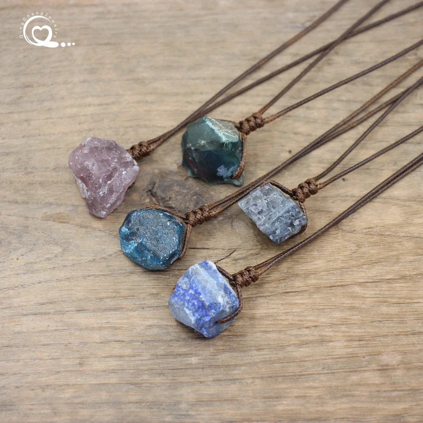 Healing Reiki Raw Stone Mineral Pendants Necklace,Natural Crystal Fluorite Rose Quartzs Tourmaline Agates Apatite Jewelry,QC3014