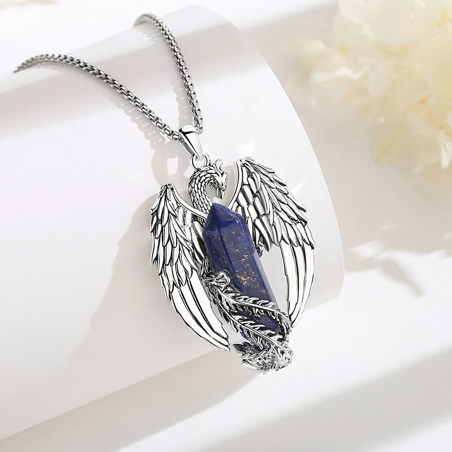 ONLY 23 AVAILABLE EUDORA Phoenix Twining Hexagonal Lapis Lazuli Prismatic Necklace Punk Natural Healing Stone Crystal Pendant Personality Jewelry