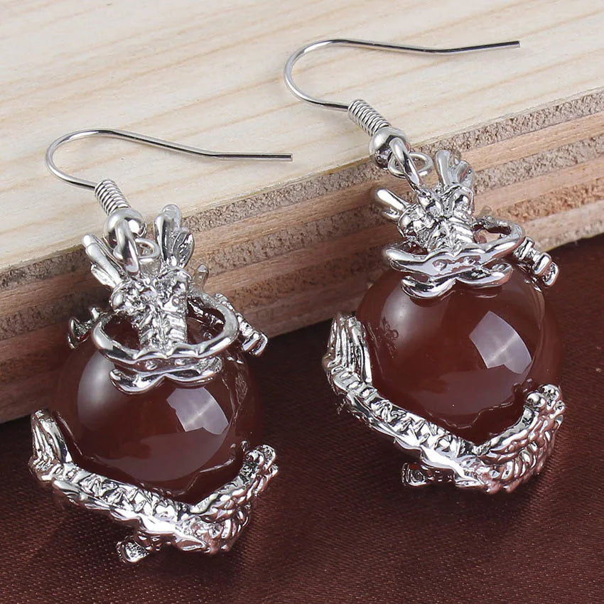 Dragon Crystal Ball Stone Beads Earrings For Women Girls Natural Amethyst Rose Quartz Agates Dangle Hook Stone Earring Jewelry