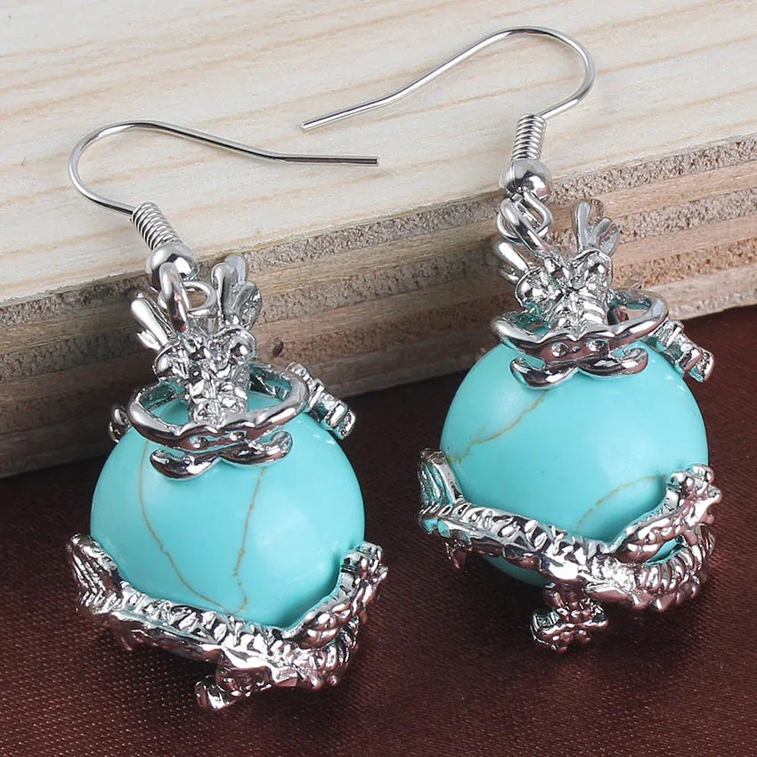 Dragon Crystal Ball Stone Beads Earrings For Women Girls Natural Amethyst Rose Quartz Agates Dangle Hook Stone Earring Jewelry