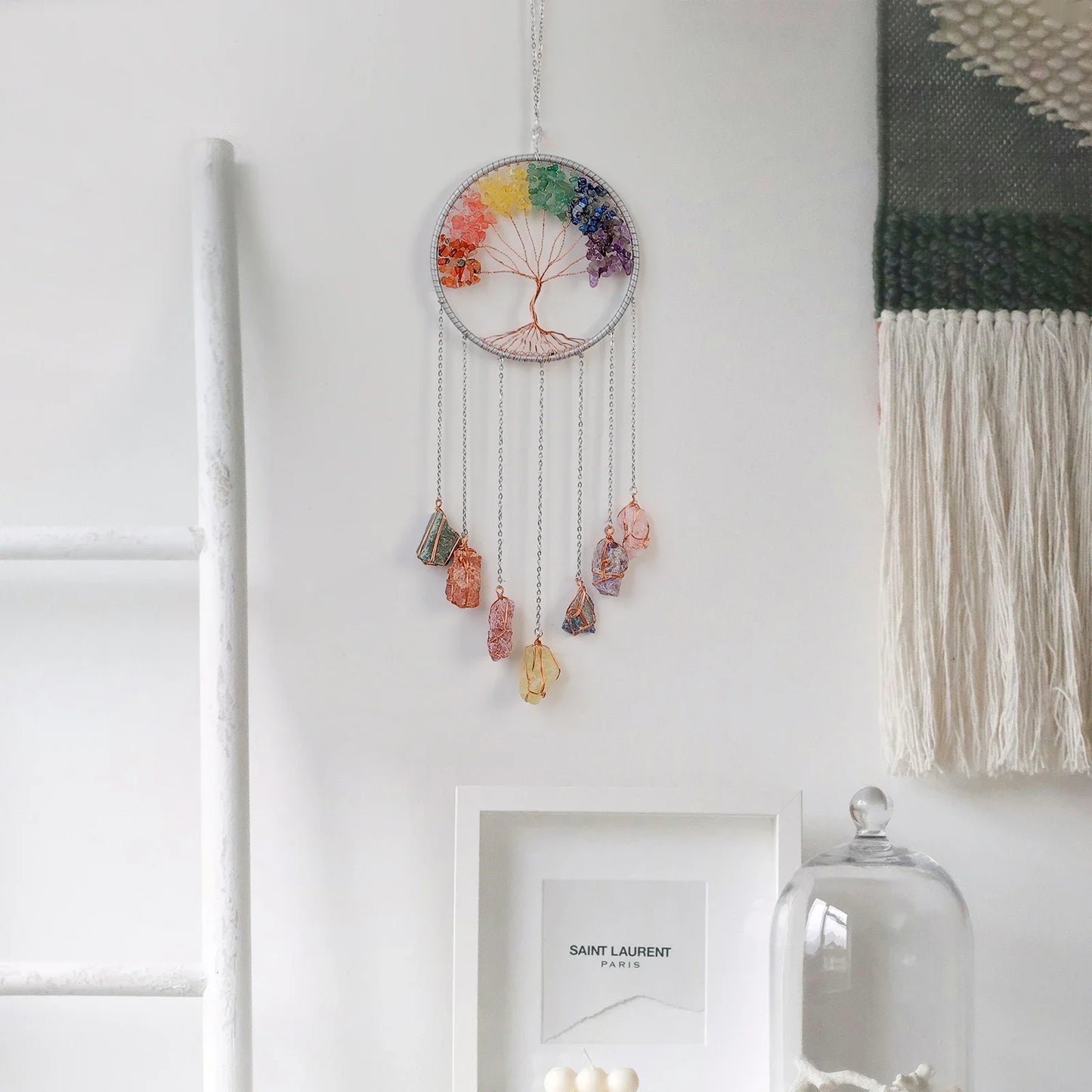 Natural Colorful Agate Tree of Life Dream Catcher Reiki Healing Natural Stone Wall Room Window Garden Wind Chimes Dream Catcher