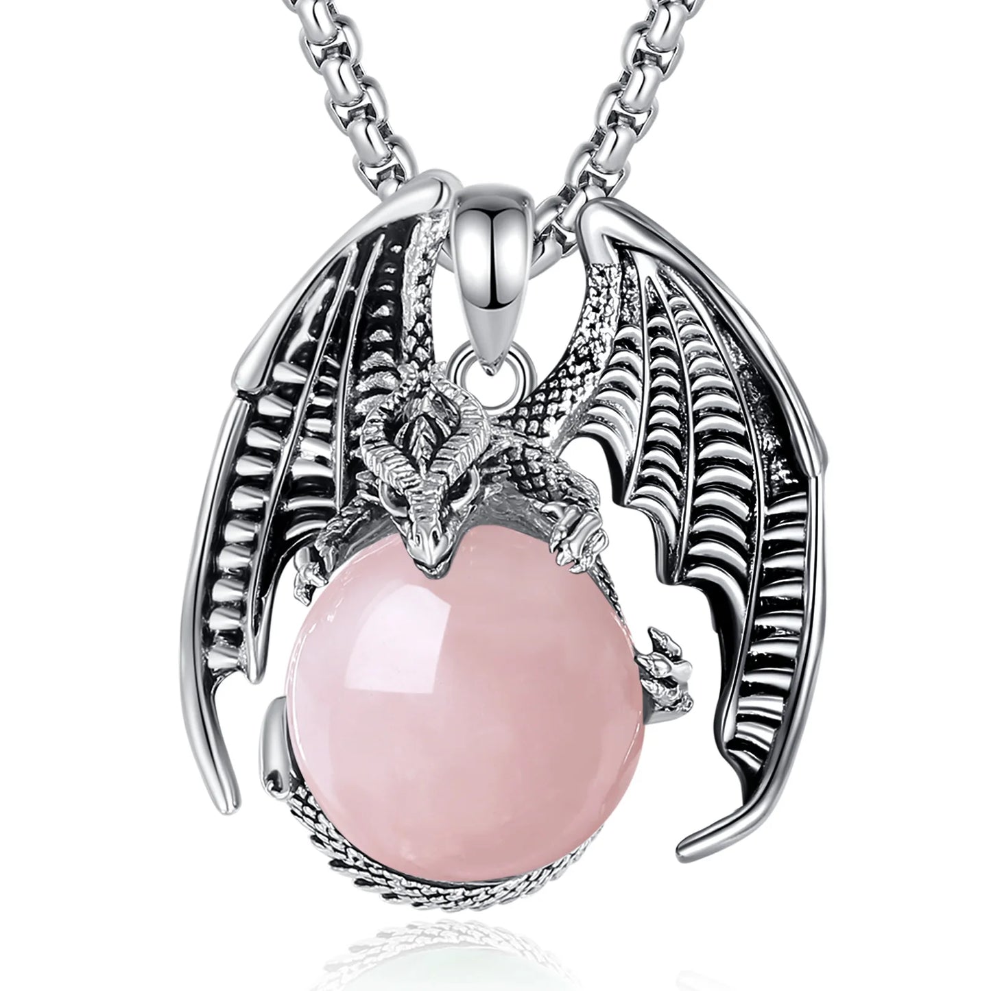 Eudora Dragon Rose Quartz Ball Necklace Punk Energy Natural Healing Stone Crystal Pendant Spiritual Jewelry for Women Man Gift