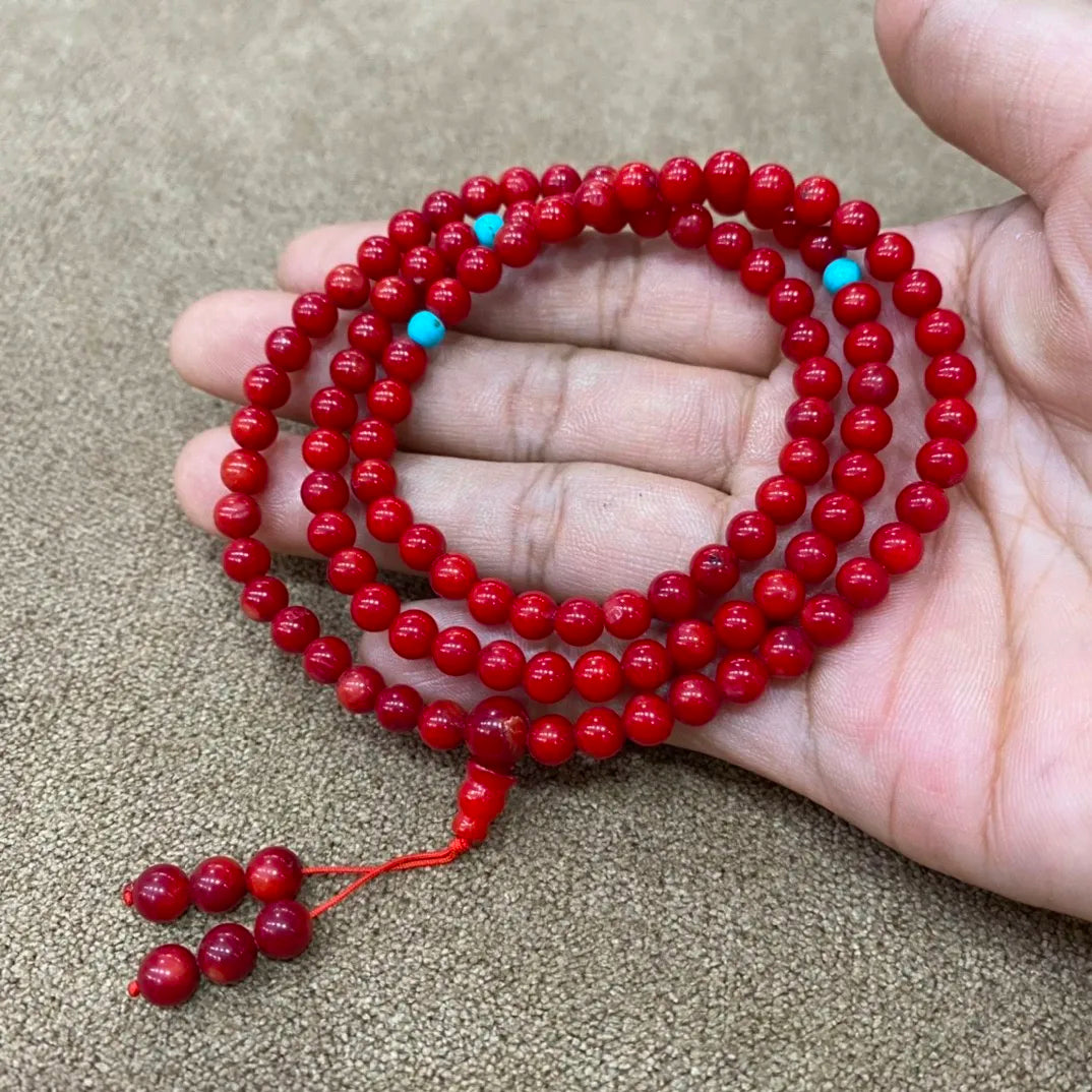 Natural Red Coral Bracelet Mala Necklace 108 Beads Handmade Multilayer Tassel Charm Chakra Healing Gemstone Handmade