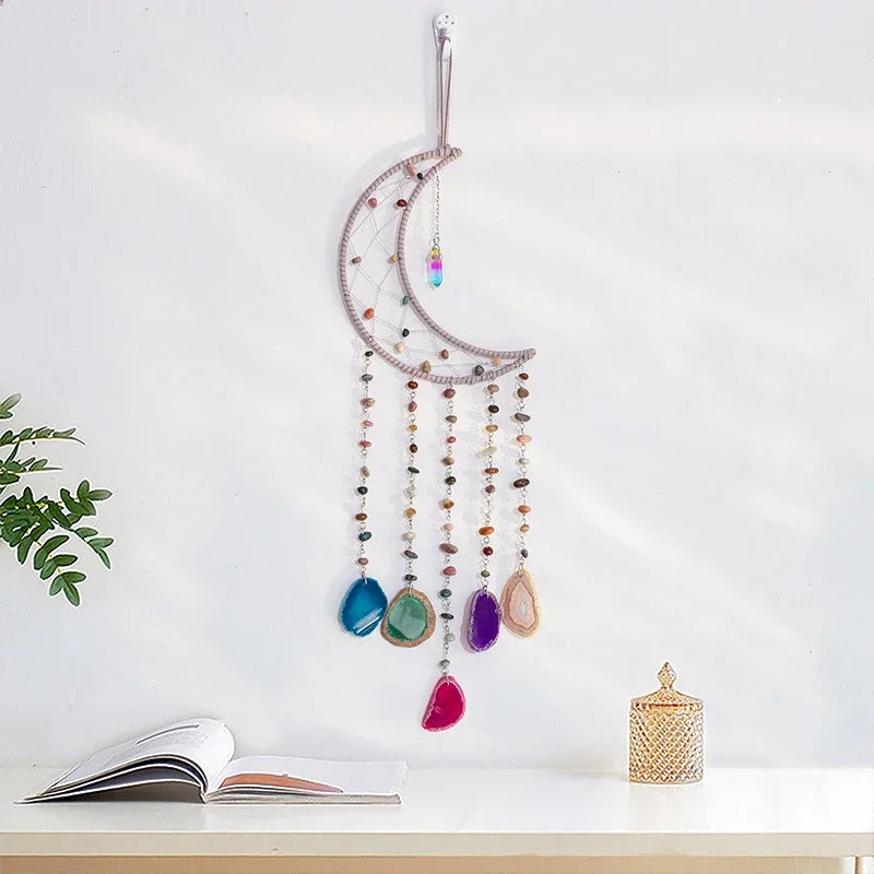 Agate Dream Catcher Natural 7 Chakra Color Gemstone Garden Living Room Decoration Wind Chime Wall Decor Moon Gem Dream Catcher