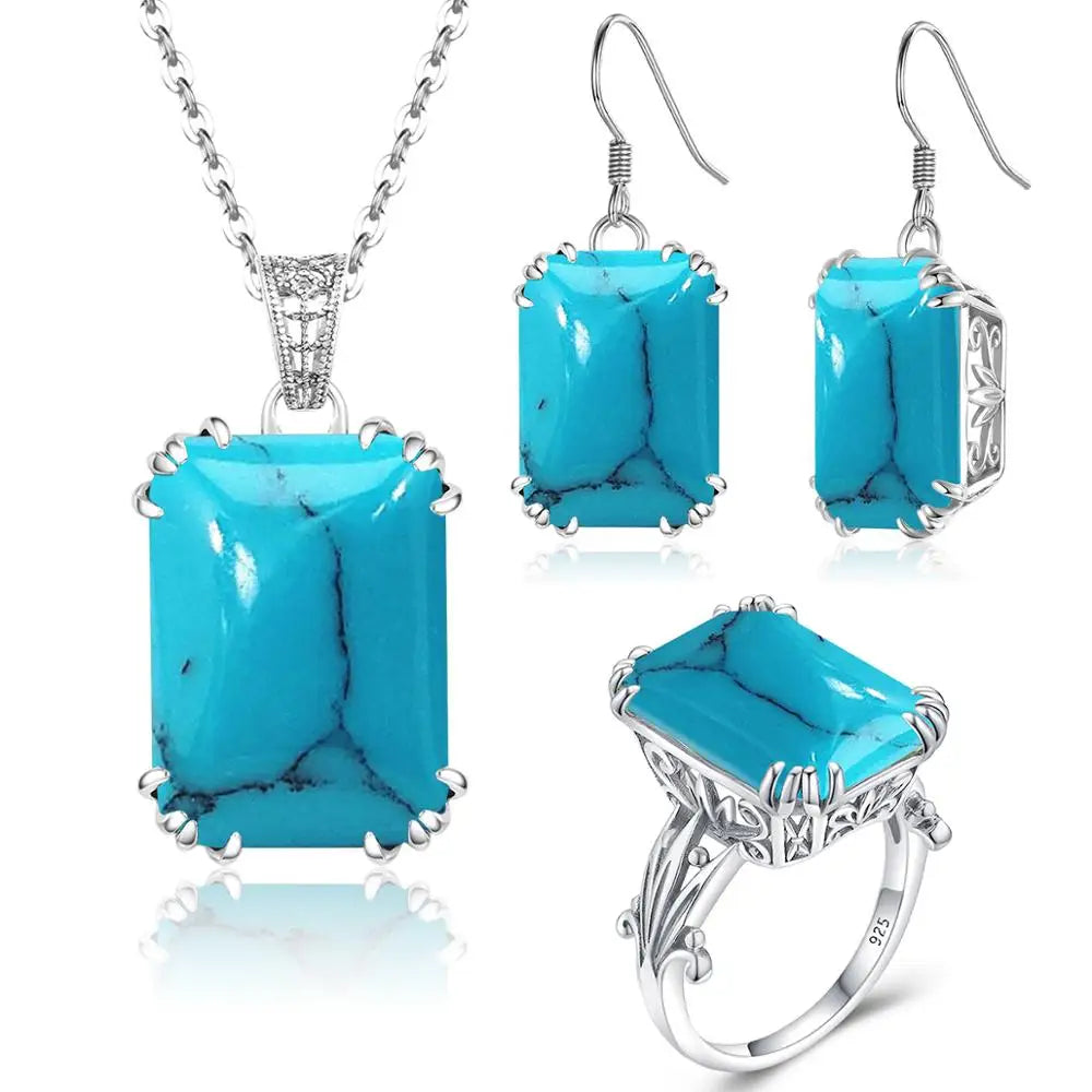 Bridal Jewelry Sets For Women Sterling Silver 925 Ring Earring Pendant Big Turquoise Gemstone Bohemian Jewelry Sweet 16