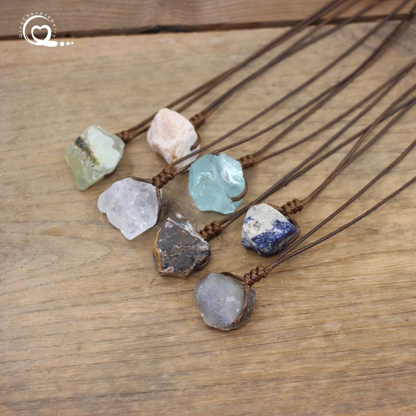 Healing Reiki Raw Stone Mineral Pendants Necklace,Natural Crystal Fluorite Rose Quartzs Tourmaline Agates Apatite Jewelry,QC3014