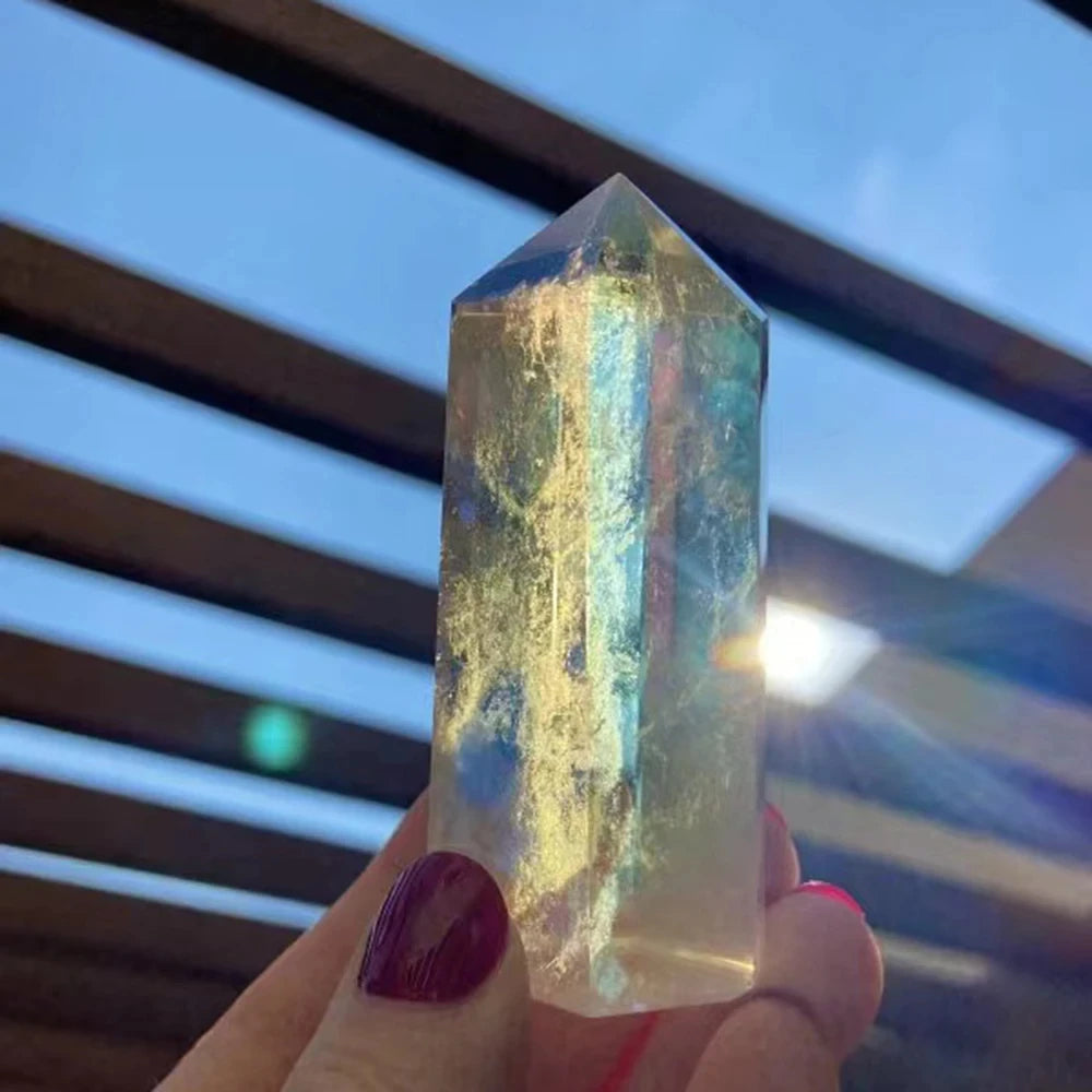 Natural Clear Quartz Aura Crystal Crafts Rainbow Ornaments Electroplating Rainbow Wand Point, White Gem Healing Home Decoration