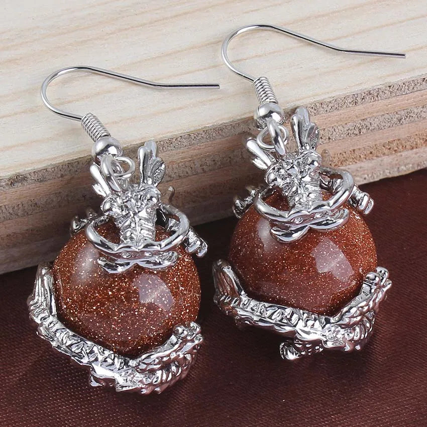 Dragon Crystal Ball Stone Beads Earrings For Women Girls Natural Amethyst Rose Quartz Agates Dangle Hook Stone Earring Jewelry