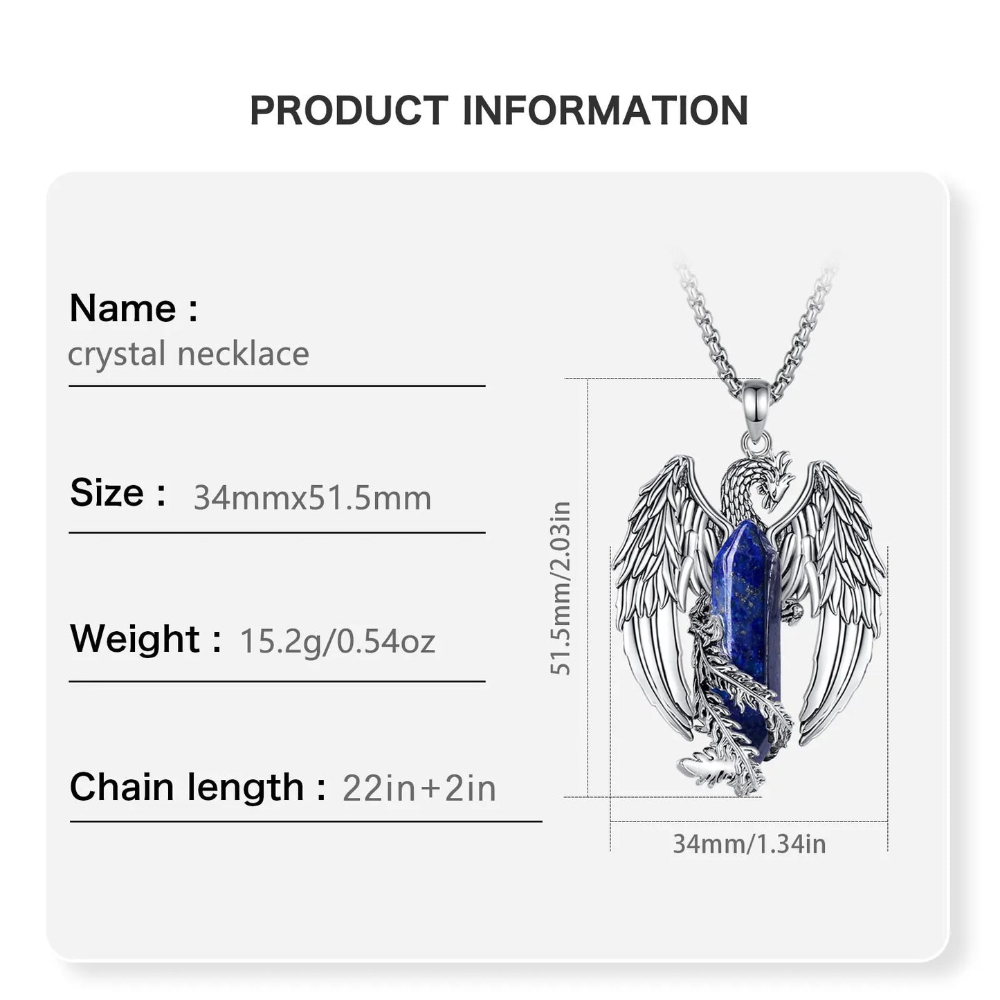 ONLY 23 AVAILABLE EUDORA Phoenix Twining Hexagonal Lapis Lazuli Prismatic Necklace Punk Natural Healing Stone Crystal Pendant Personality Jewelry