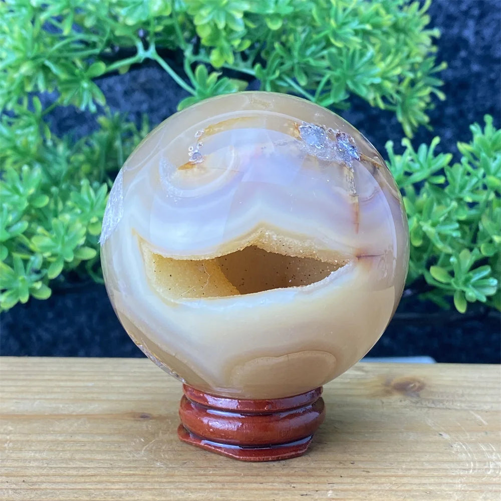 Natural Agate Crystal Ball Quartz Cluster Cave Crystal Ball Home Decoration + Base