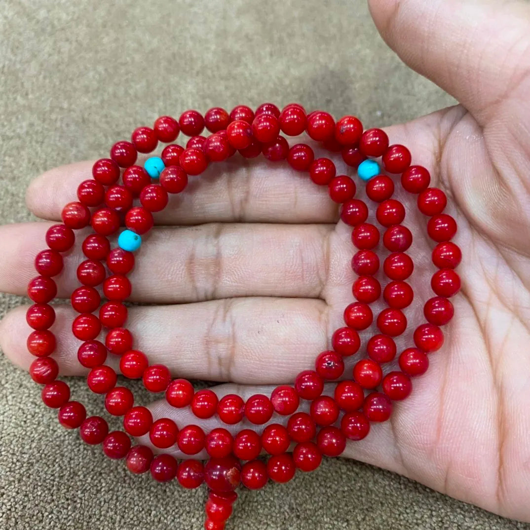 Natural Red Coral Bracelet Mala Necklace 108 Beads Handmade Multilayer Tassel Charm Chakra Healing Gemstone Handmade