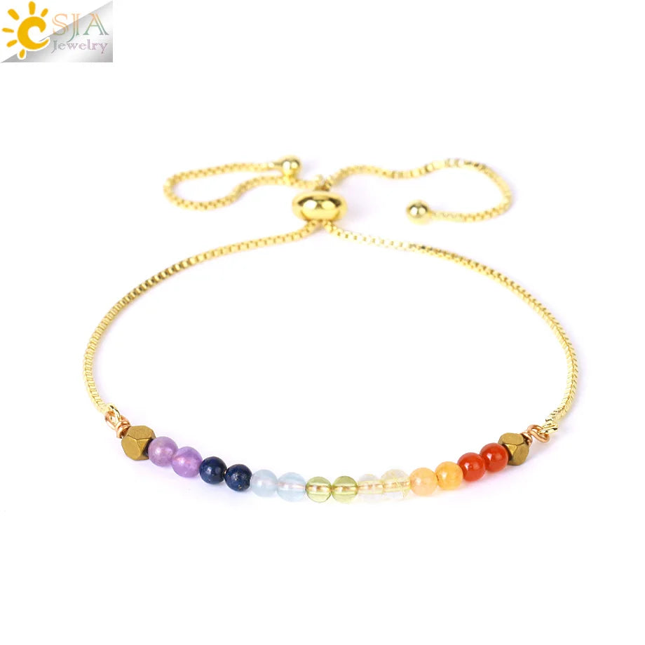 CSJA Healing 7 Chakra Summer Bracelet Natural Stone Pink Crystal Gold Color Stainless Steel Bracelets for Women Jewelry H011