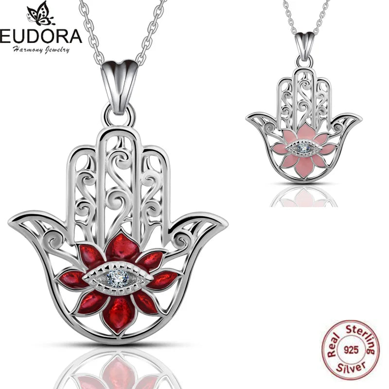 EUDORA 925 Sterling Silver Evil Eye Pendant Necklaces CZ Hamsa Hand Pendant Necklace with Sliver Chain 18 inch Box gift KSYD069
