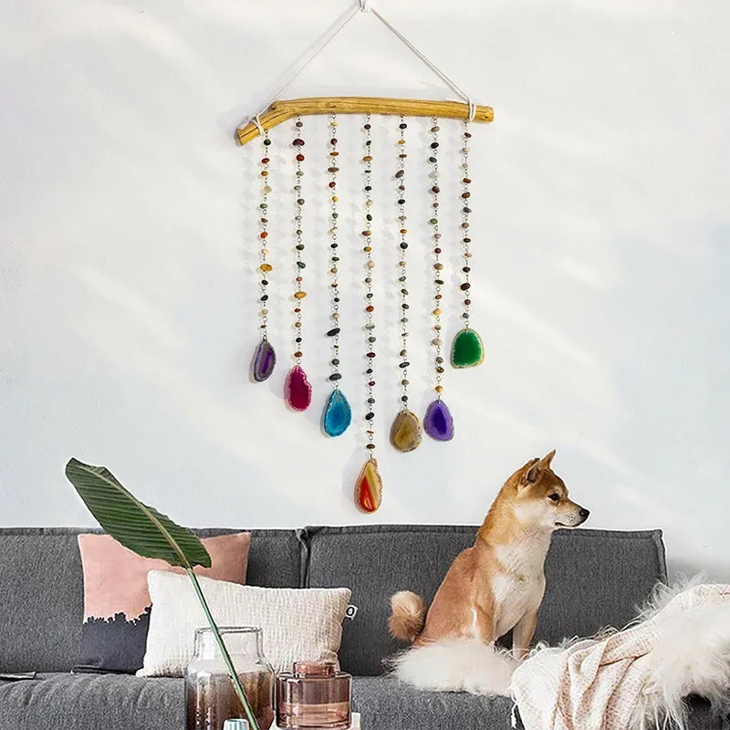 Agate Dream Catcher Natural 7 Chakra Color Gemstone Garden Living Room Decoration Wind Chime Wall Decor Moon Gem Dream Catcher