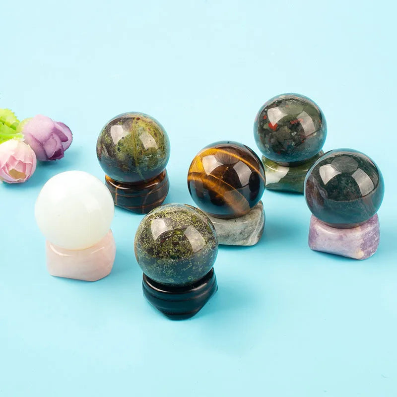 30mm Healing Natural Crystal Ball with Holder Rose Quartz Green Aventurine Decorative Ball Sphere Decor Fengshui Amulet Gifts