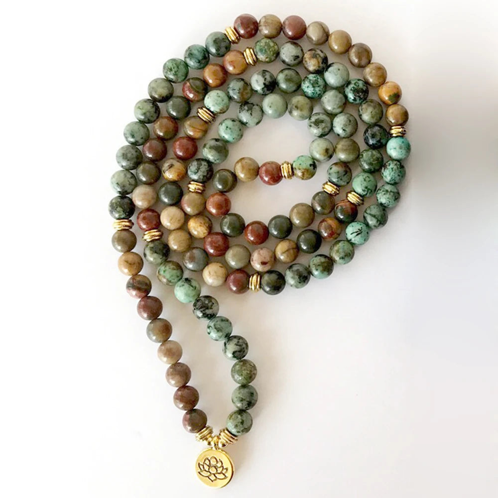Lotus Ohm Buddha African Turquoise & Mookaite Jasper 108 Mala Bracelet 108 Mala Beads Necklace Women Men Chakra Spiritual Healing Jewelry