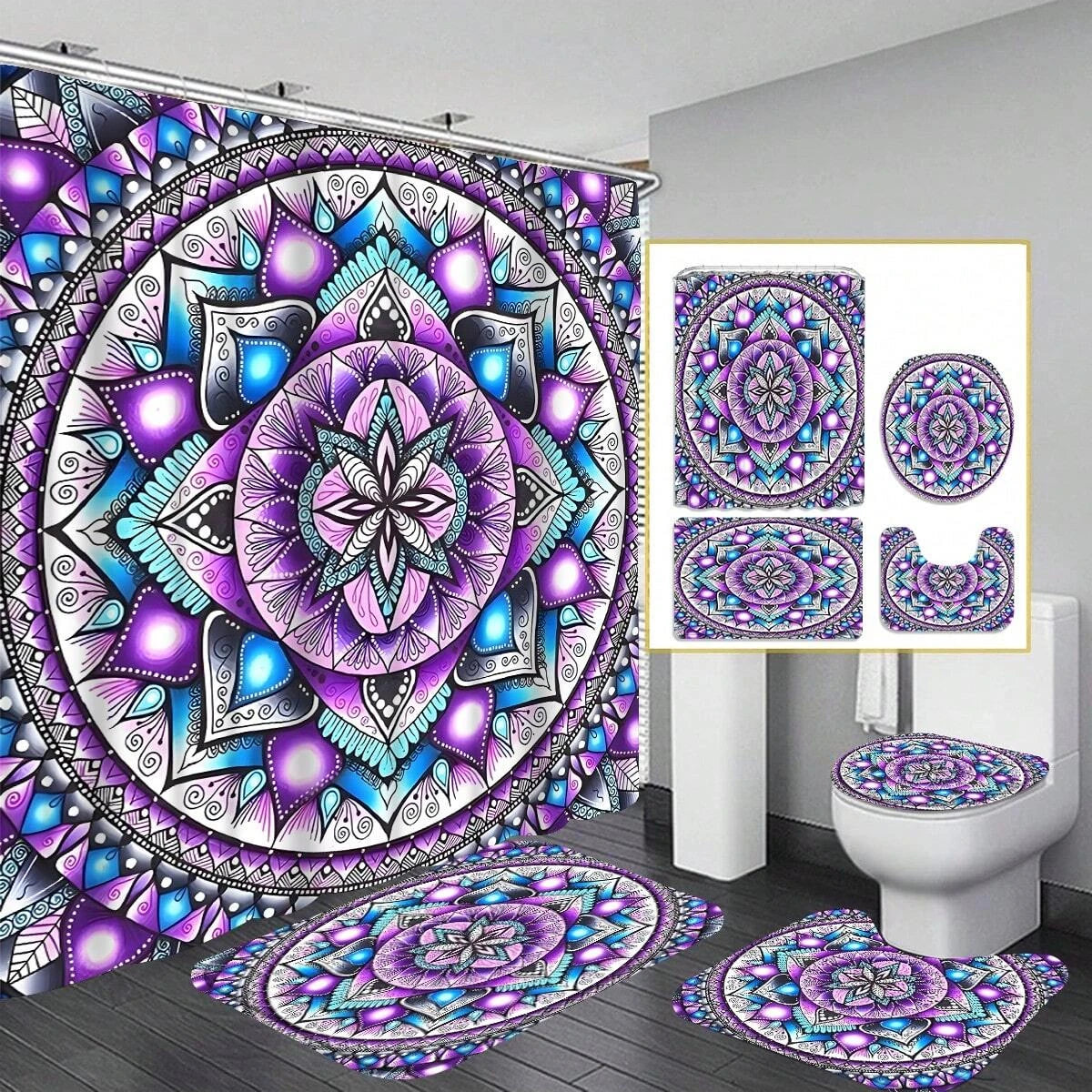 4PCS Bohemian Shower Curtain Sets, Purple Mandala Printed Bathroom Shower Curtains, Bath Mat, Toilet Lid Rug