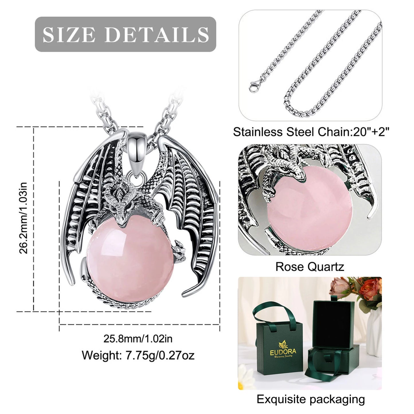 Eudora Dragon Rose Quartz Ball Necklace Punk Energy Natural Healing Stone Crystal Pendant Spiritual Jewelry for Women Man Gift