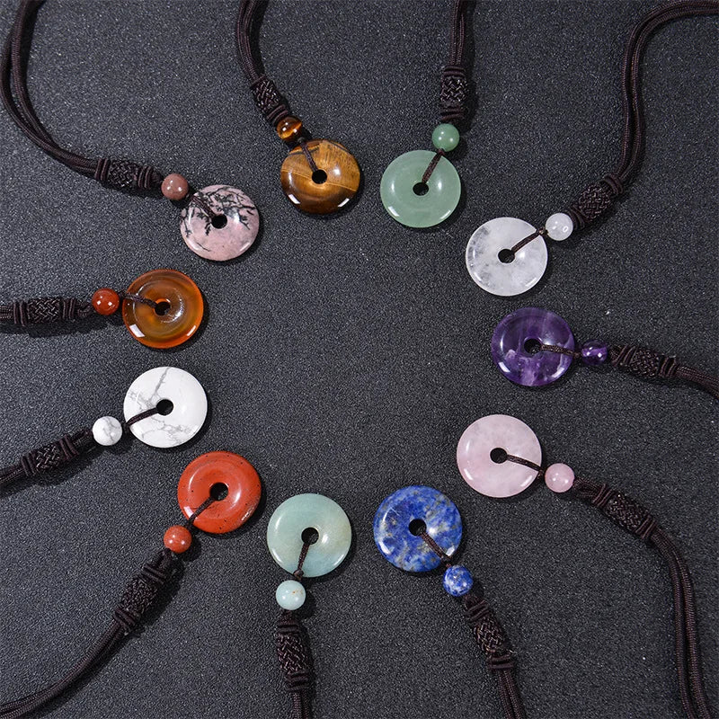 Gorgeous Chakra Healing Tiger Eye Amethyst Rose Quartz Clear Quartz Howlite Green Aventurine Amazonite Red Jasper Carnelian Lapis Lazuli Rhodonite Doughnut Necklace Spiritual