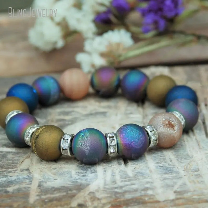 10pcs Rainbow Mystic Druzy Agate Beaded Bracelet Femme Women Healing Crystal Friendship Stretch Chakra Boho Jewelry