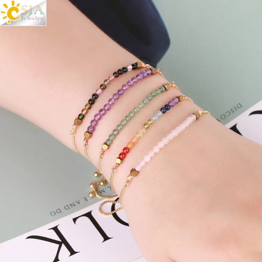 CSJA Healing 7 Chakra Summer Bracelet Natural Stone Pink Crystal Gold Color Stainless Steel Bracelets for Women Jewelry H011