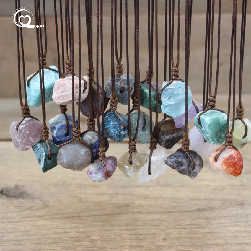 Healing Reiki Raw Stone Mineral Pendants Necklace,Natural Crystal Fluorite Rose Quartzs Tourmaline Agates Apatite Jewelry,QC3014