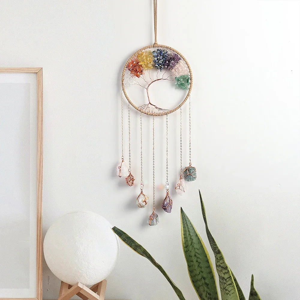 Natural Colorful Agate Tree of Life Dream Catcher Reiki Healing Natural Stone Wall Room Window Garden Wind Chimes Dream Catcher