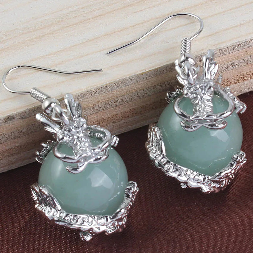 Dragon Crystal Ball Stone Beads Earrings For Women Girls Natural Amethyst Rose Quartz Agates Dangle Hook Stone Earring Jewelry