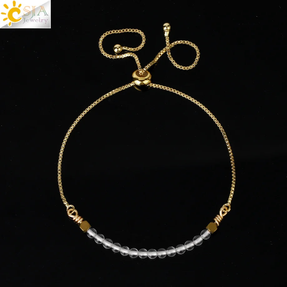 CSJA Healing 7 Chakra Summer Bracelet Natural Stone Pink Crystal Gold Color Stainless Steel Bracelets for Women Jewelry H011