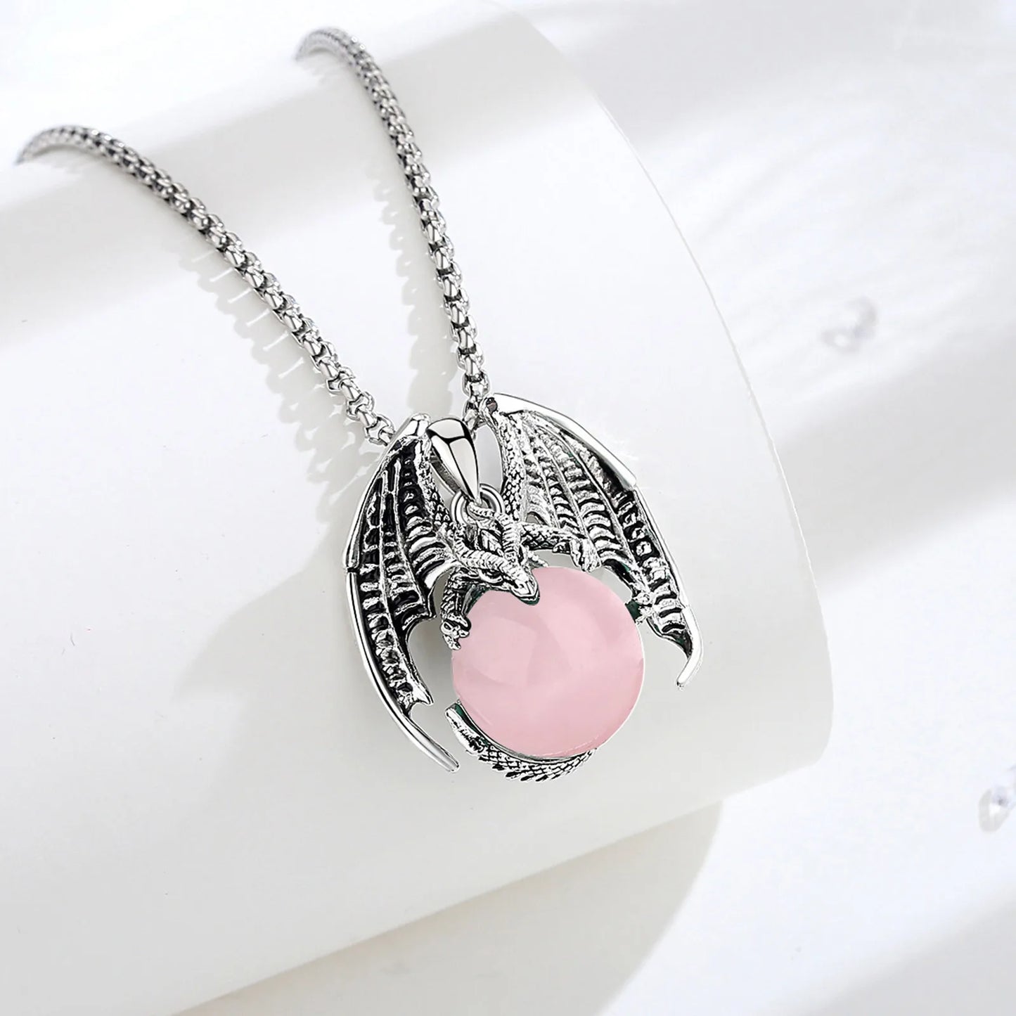 Eudora Dragon Rose Quartz Ball Necklace Punk Energy Natural Healing Stone Crystal Pendant Spiritual Jewelry for Women Man Gift