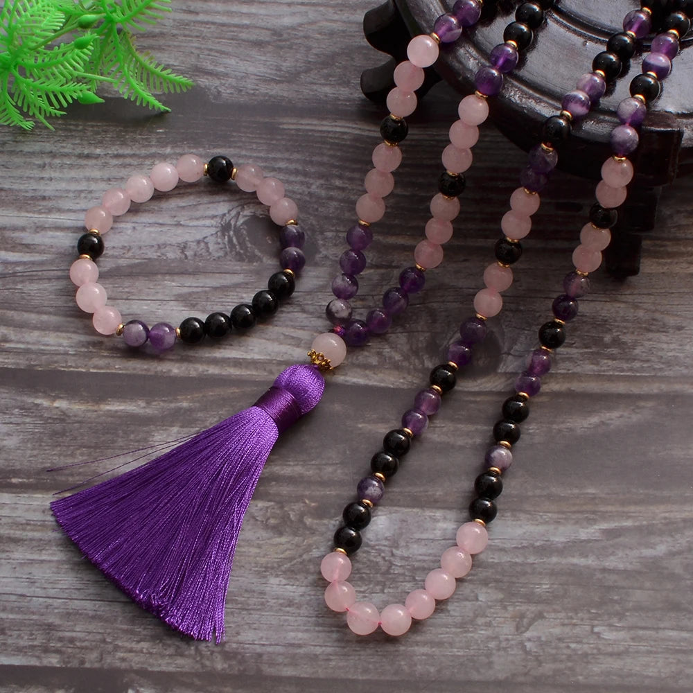 8mm Natural Amethyst Black Onyx Rose Quartz Beads 108 Mala Necklace Meditation Yoga Prayer Jewelry Japamala Rosary Set for Women