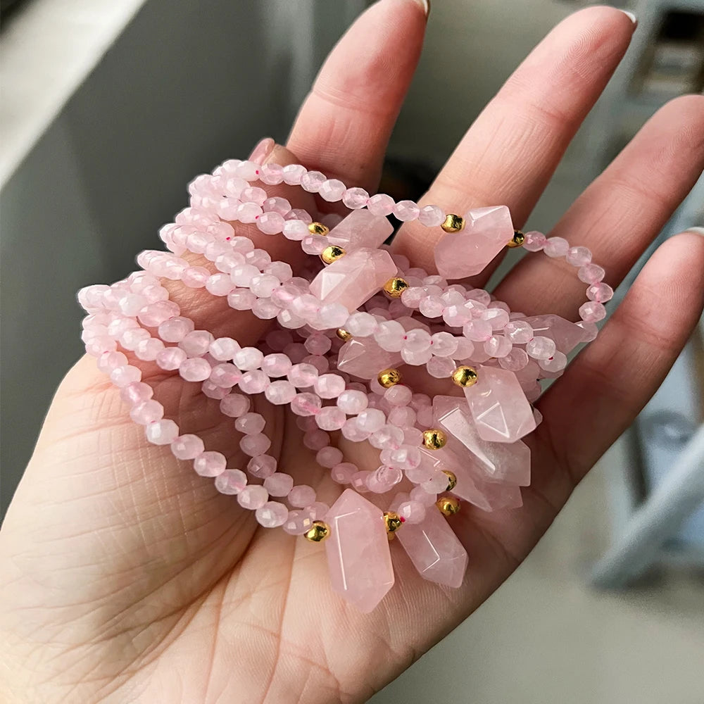 Hexagonal Rose Quartzs Charm Bracelet Natural Stone Crystal Faceted Beads Bracelets For Women Men Meditation Exquisite Jewelry