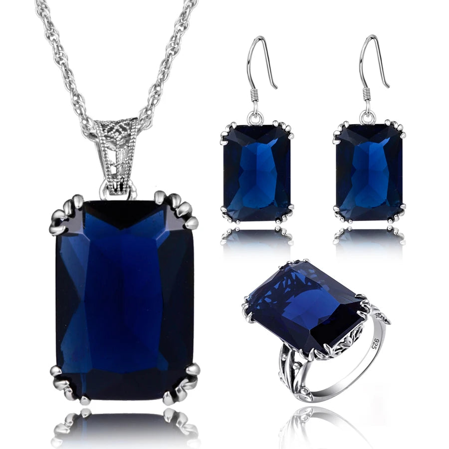 Bridal Jewelry Sets For Women Sterling Silver 925 Ring Earring Pendant Big Turquoise Gemstone Bohemian Jewelry Sweet 16